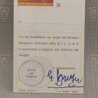 Rara tessera Battaglioni Volontari Giovani Fascisti